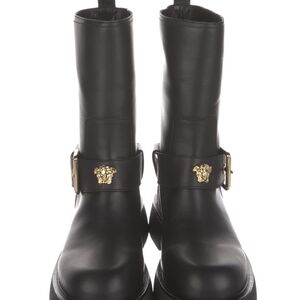 Black Leather Boots with Gold Medusa Detail